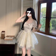 2024新款清风铃兰 甜美公主风蝴蝶结欧根纱短款连衣裙蓬蓬裙女夏