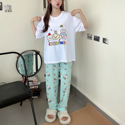 Women's Summer 2024 New Gi Yee Pajama Set with Pure Cotton, Round Neck, Short Sleeve, Long Pants, Casual, Cute Cartoon Design, Wearable Outside