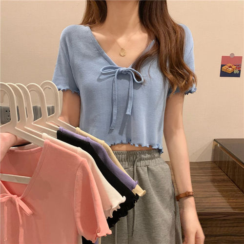 Korean style slimming V-neck Korean style short top for women with design sense for summer hot girl bm style white short-sleeved T-shirt