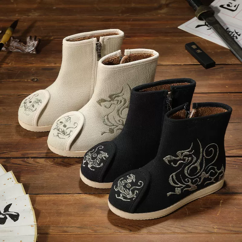 秋冬老北京儿童布鞋汉服鞋子古装棉鞋冬季加绒男童短靴龙纹靴子