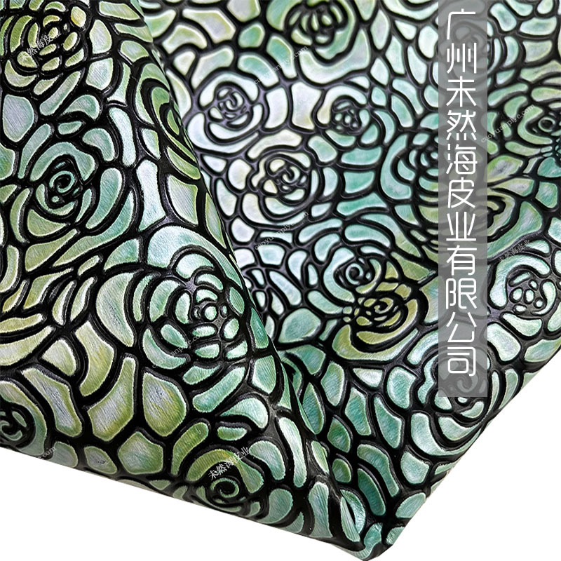 头层牛皮花朵纹手绘多彩珠光国潮真皮