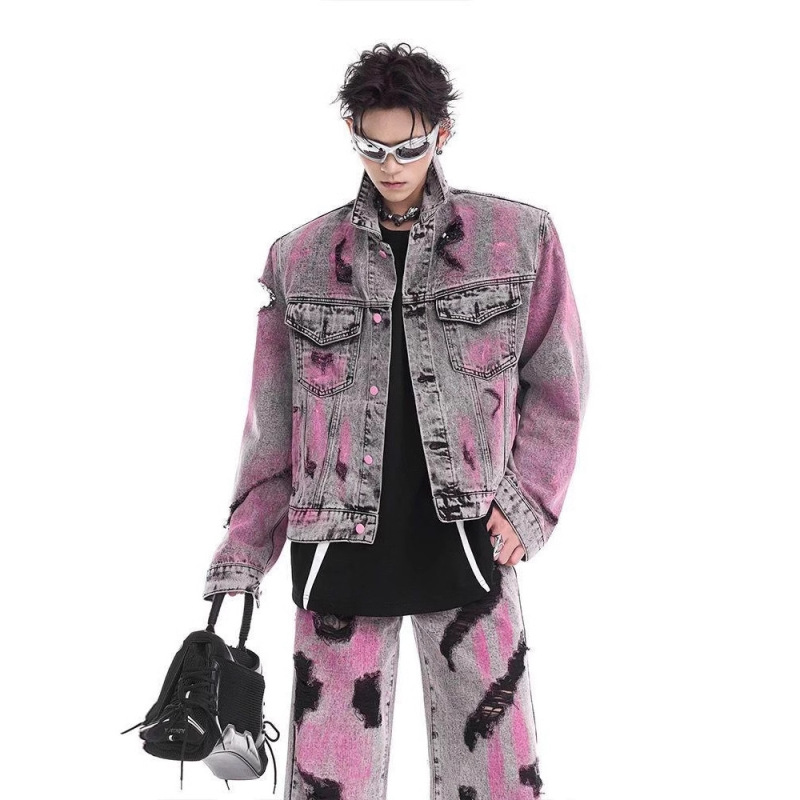 Small Skinny Men's Wear Waste Earth Wind Hole Denim Coat Men's European and American Street Graffiti Washed Old Denim suit