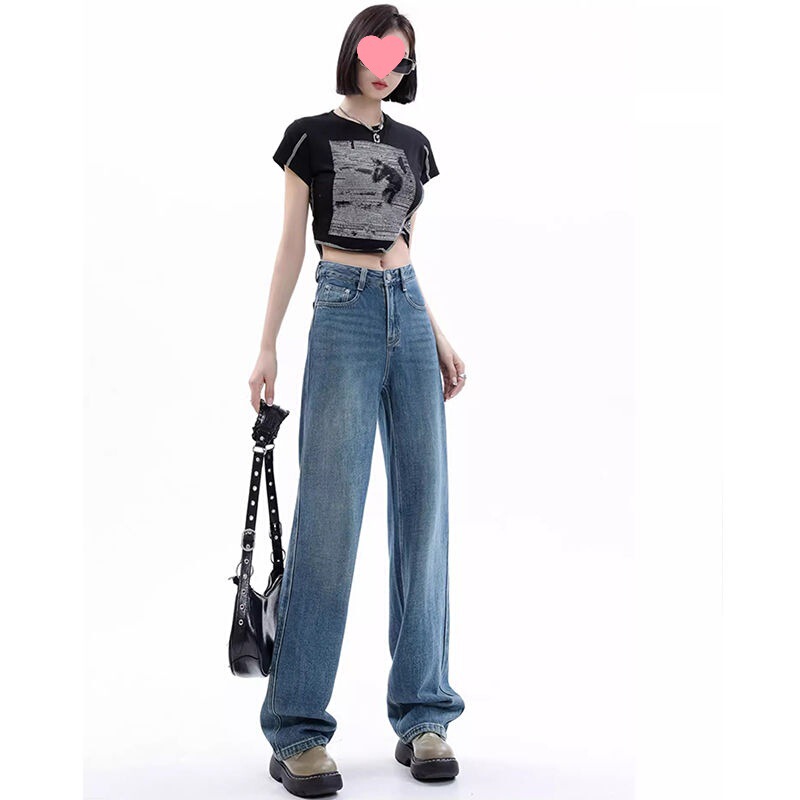 秋季爆款窄版阔腿牛仔裤女2025新款高腰显瘦浅色小个子直筒拖地裤|undefined