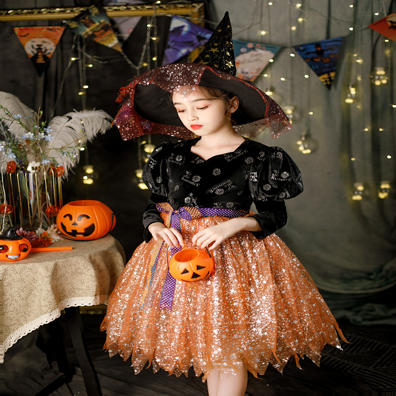 Halloween children's costumes, girls' dresses, witch and vampire costumes, performance costumes for little girls' prom cosplay.