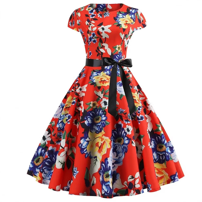 Заводская поставка 2020 самое продаваемый новый ретро-принт с коротким рукавом Хепберн ветровое Платье на шнуровке 10 узоров