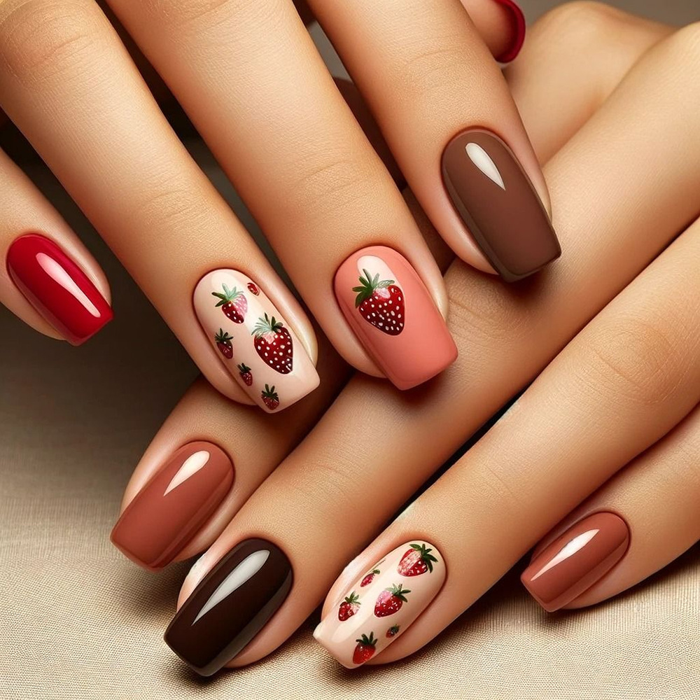 Ventas transfronterizas calientes de color curry manicure simple postre de fresa uñas falsas dulces frescas cuadradas de uñas para usar image 1