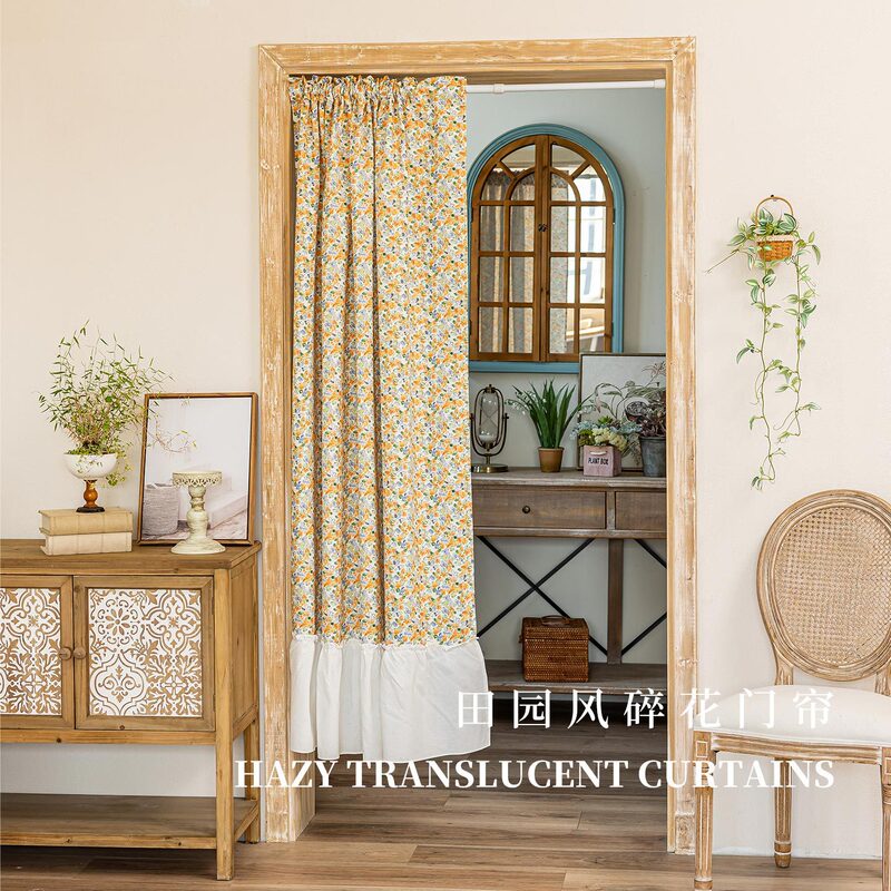 Pastoral Chenille Printed Door Curtain with Small Fresh Floral Pattern, No-Punch Rod-Through Door Curtain with Spliced White Cotton Edge Pastoral Chenille Printed Door Curtain with Small Fresh Floral Pattern, No-Punch Rod-Through Door Curtain with Spliced White Cotton Edge