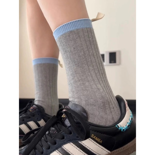 Thick Line Contrast Color Cloth Label Stockings Women's Ins Trendy Pure Cotton Spring and Autumn Stacked Stockings Japanese Style Sports Personalized Socks