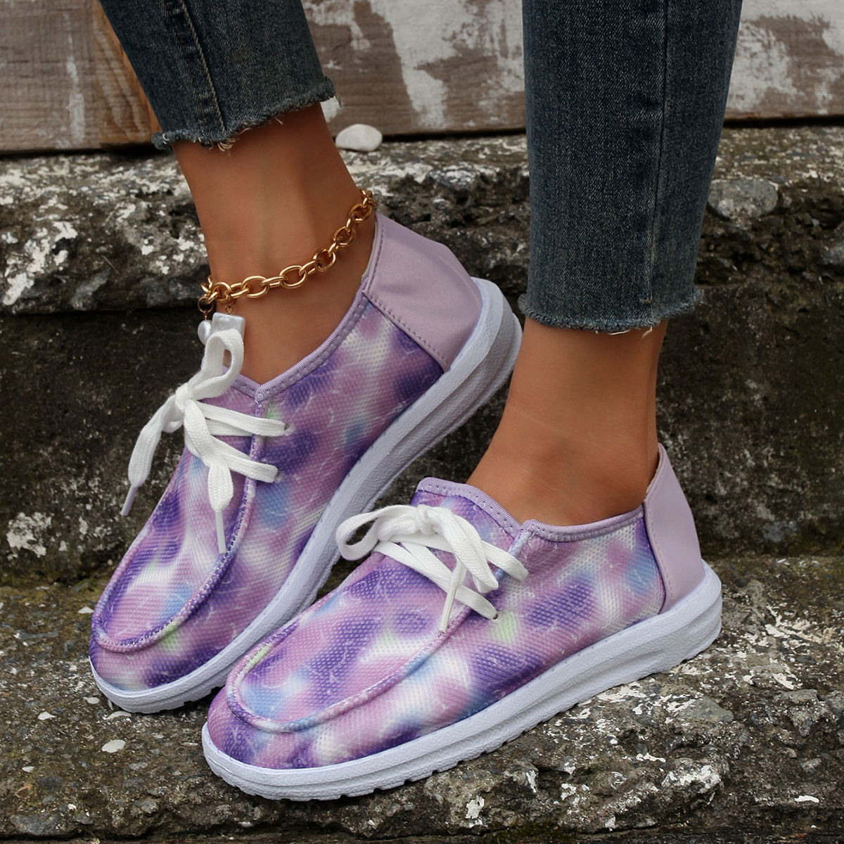 Women's Shoes large size color matching low top shoes flat round head graffiti canvas breathable sneakers _voghion.com