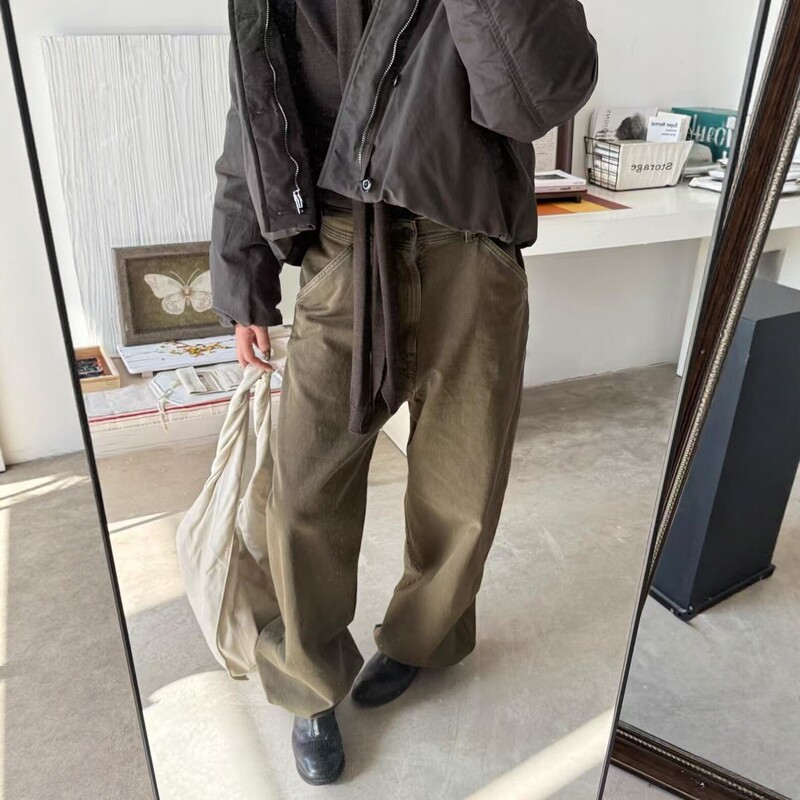 New Lem Olive Green Jeans in Workwear Style, High-Waisted Straight-Leg Jeans for Women, Loose Vintage Distressed Long Pants New Lem Olive Green Jeans in Workwear Style, High-Waisted Straight-Leg Jeans for Women, Loose Vintage Distressed Long Pants