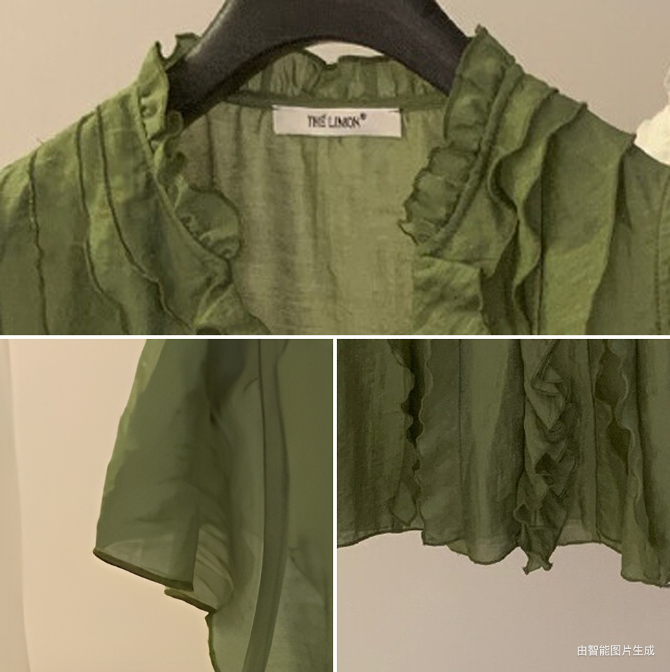 Áo sơ mi nữ tay ngắn cổ V phối ren xếp tầng chất liệu linen pha sợi tre — màu trắng, Bột cam, xanh lá cây chi tiết 10