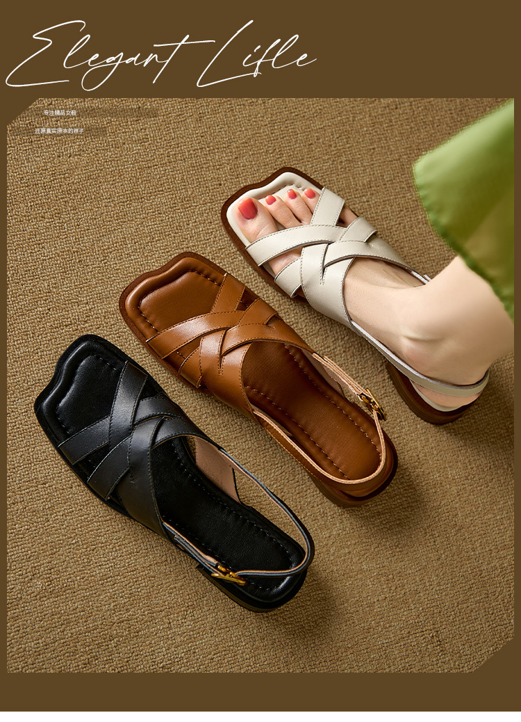 Dép sandal nữ da bò dệt thủ công kiểu La Mã đế bằng — nâu chi tiết 1