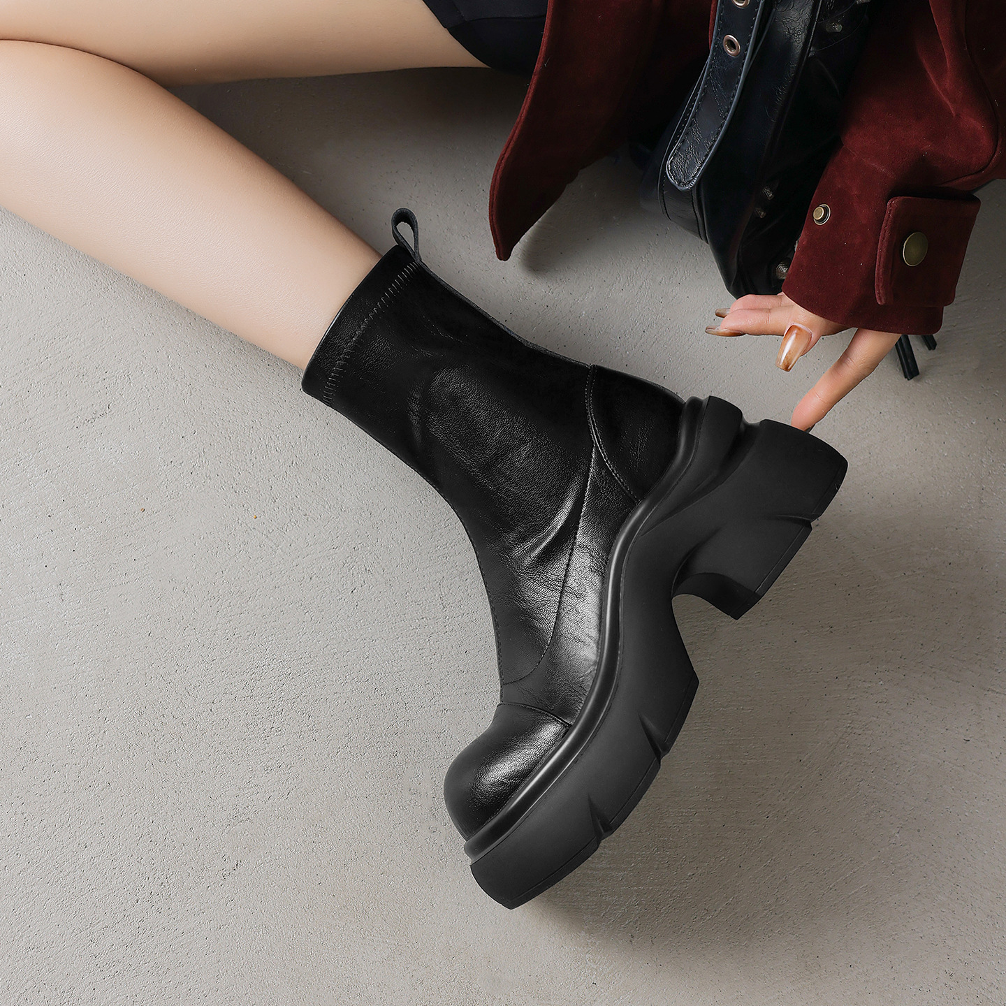 Boot nữ cổ thấp đế dày gót vuông co giãn da thật mùa thu đông — Lớp lót nhung màu nâu, nhung đen, Li đơn màu nâu, Lớp lót đơn màu đen