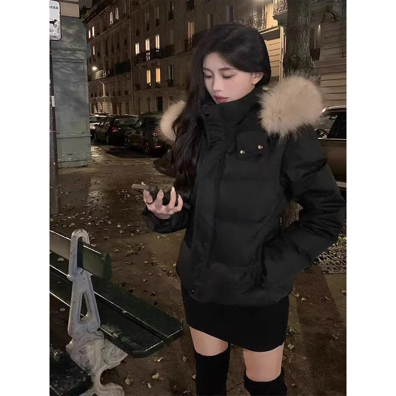 2025年新款收腰版白鸭绒羽绒服女冬季短款白色修身可拆卸毛领外套|undefined