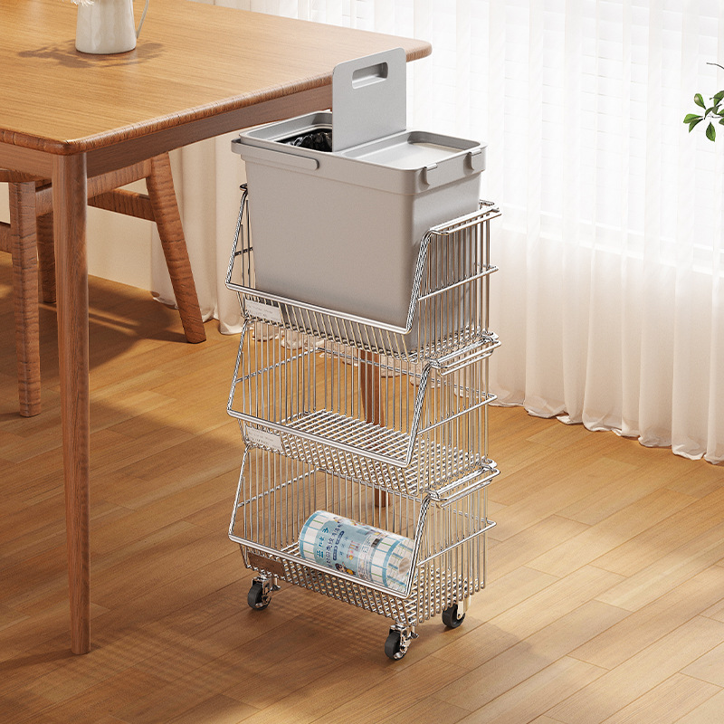 No-bend living room trash can stand, a movable storage rack for snacks and drinks, with large capacity No-bend living room trash can stand, a movable storage rack for snacks and drinks, with large capacity