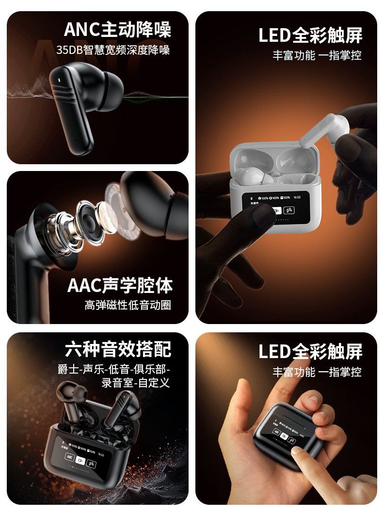 LCD smart color screen touch noise reduction Bluetooth earbuds in-ear Bluetooth wireless headphones ANC+ENC new exclusive model