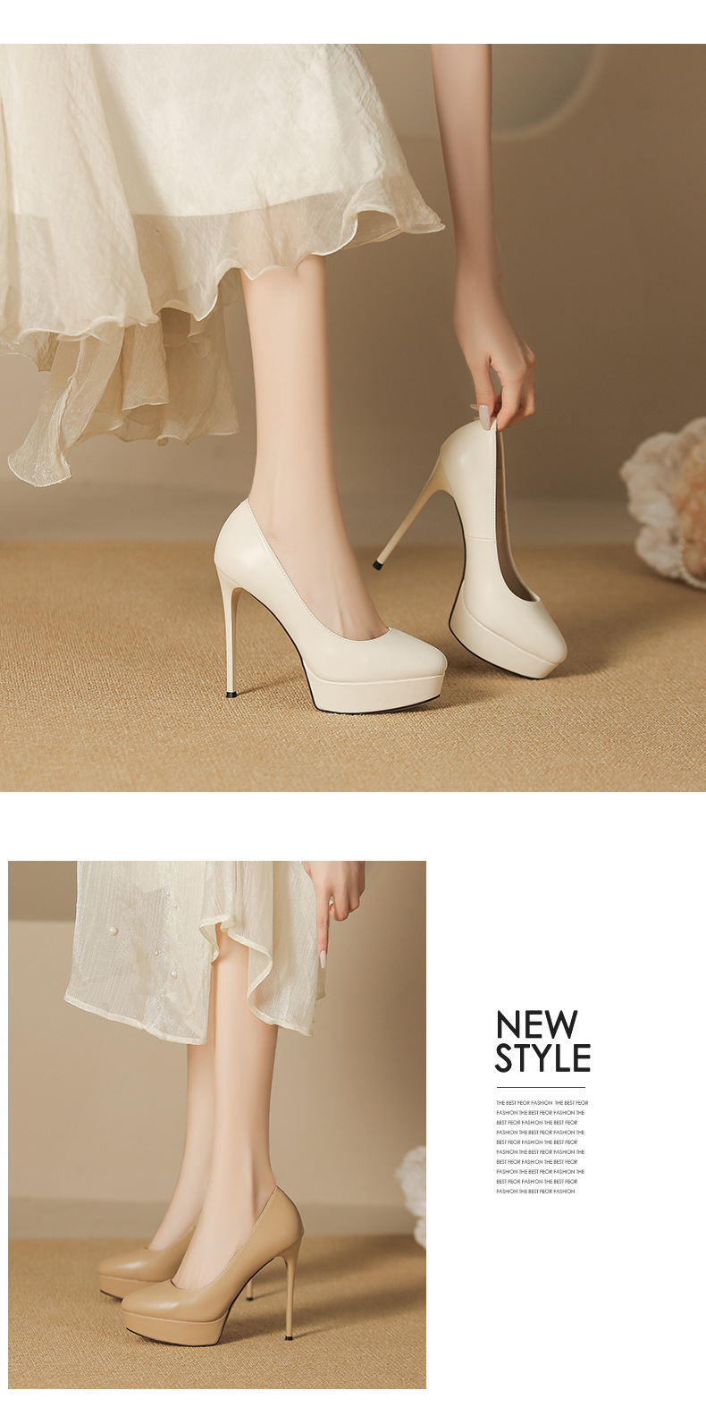 Giày cao gót nữ đế xuồng mũi tròn, gót nhọn 12 cm — Màu nude-12cm chi tiết 4