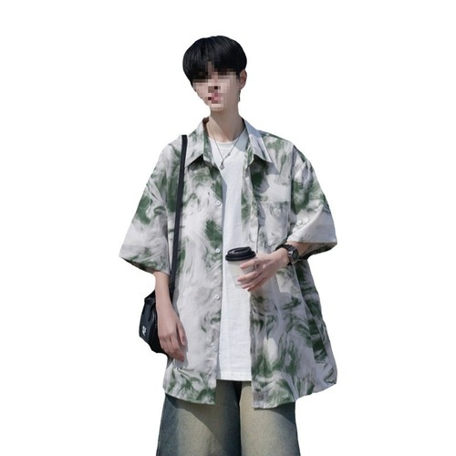 Hawaiian Beach Shirt Men's Short Sleeve Summer American Retro Tie-Dye High-End Cool Gangster Chiffon Floral Shirt