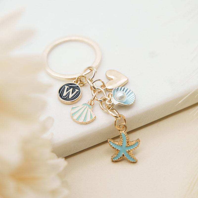 26 Letters Ocean Key Chain with Starfish Shell Pearl Charm | Initials | Handbag Charm