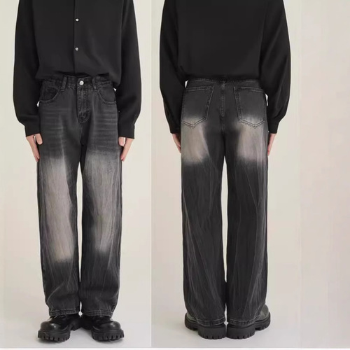 Vintage-worn pleated design men's high street American retro trendy brand loose straight-leg pants with retro relaxed vibe