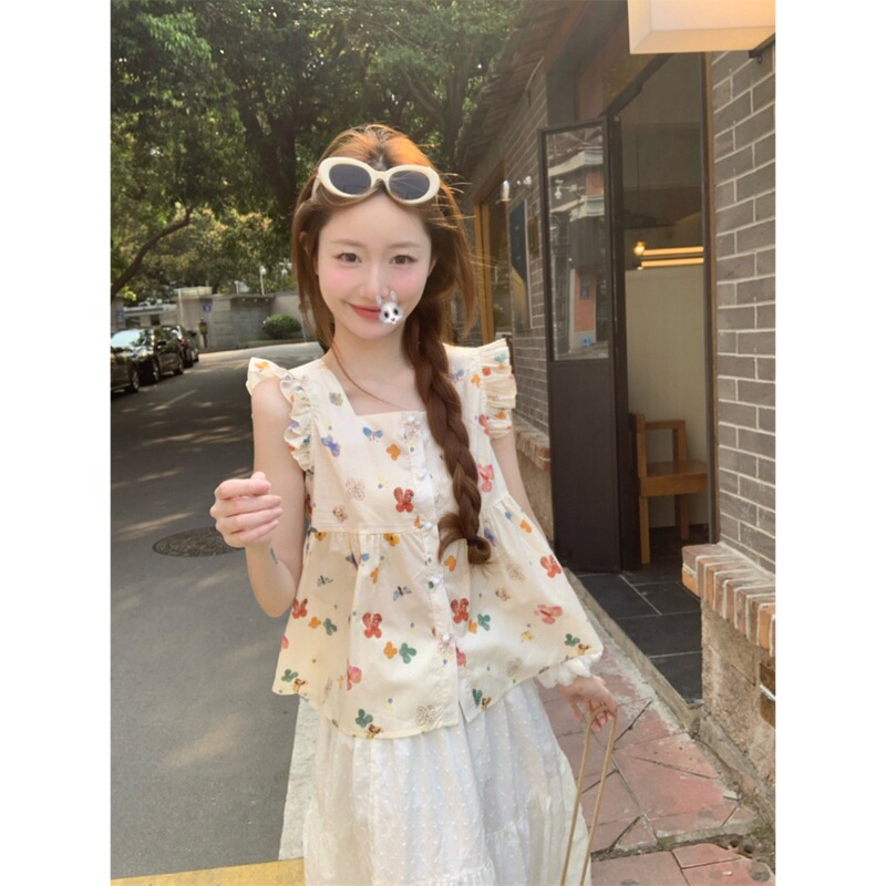 French Square Collar Floral Small Flying Sleeve Vest Shirt for Women Summer Fresh and Sweet Age-Reducing Short Baby Doll Top French Square Collar Floral Small Flying Sleeve Vest Shirt for Women Summer Fresh and Sweet Age-Reducing Short Baby Doll Top