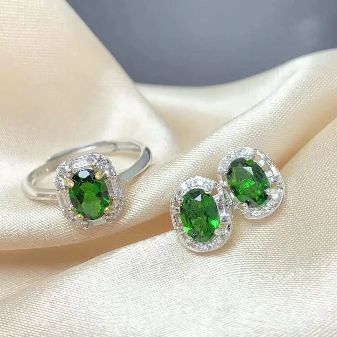新款速卖通欧美气质约会首饰925银镶嵌天然透辉石戒指耳钉两件套