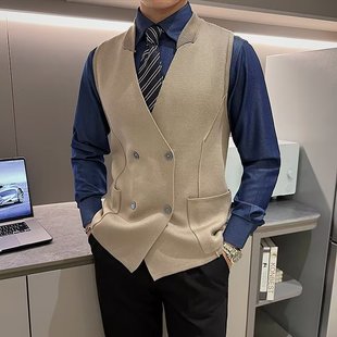 Autumn and Winter versatile double-breasted knitted sleeveless waistcoat British personality vest slim fit wool sweater vest men's versatile fashion