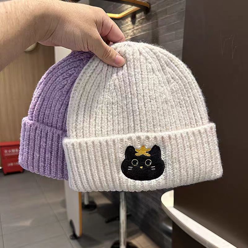 针织帽女秋冬保暖猫咪头像刺绣街头时尚套头帽青年韩版毛线帽