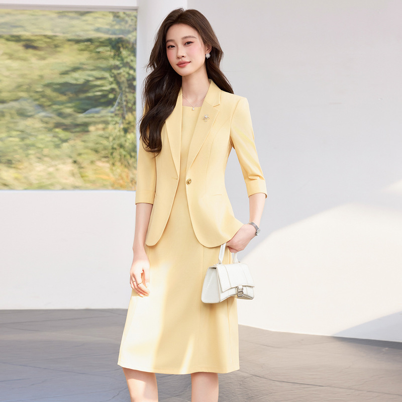 Business Attire Three-Quarter Sleeve Blazer with Small Suit Collar, Women's Mid-Sleeve Dress Two-Piece Set, New Spring, Summer, and Autumn Cross-Border Style Business Attire Three-Quarter Sleeve Blazer with Small Suit Collar, Women's Mid-Sleeve Dress Two-Piece Set, New Spring, Summer, and Autumn Cross-Border Style