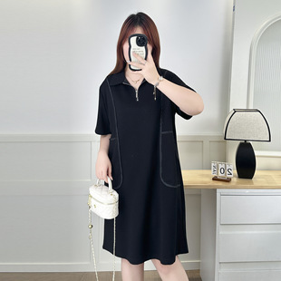 100kg Fat Sister Summer New Large Size Covering Flesh and Slimming Mid-Length Polo Collar Short Sleeve Dress for Women 6884