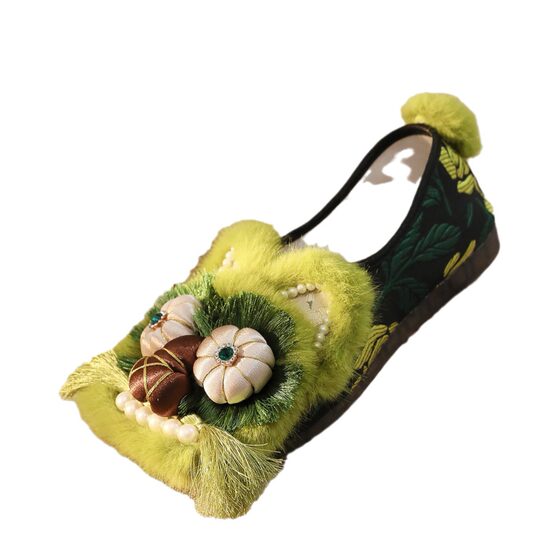 Single-layer shoes adult tiger-head shoes 2024 new national fashion retro ethnic style flat women's single-layer shoes ethnic style green leaves