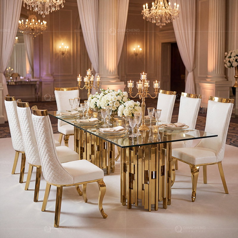 Light Luxury Glass Dining Table, High-End Dining Table, Hotel Long Table, Stainless Steel Table, Classy Dining Table and Chair Set