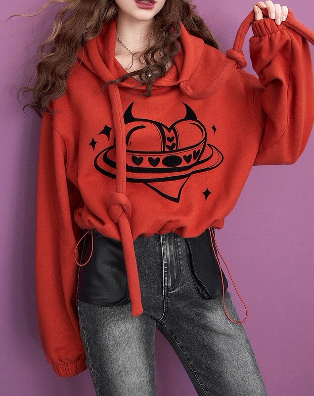 妖精的口袋短款连帽加绒卫衣女2025春秋新款小个子宽松套头上衣|undefined
