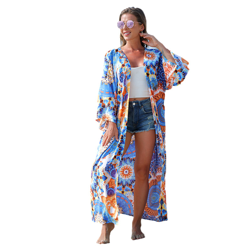 Europa y América elástico impreso sexy cardigan playa camisa de protección solar vacaciones falda bikini traje baño blusa 5D56