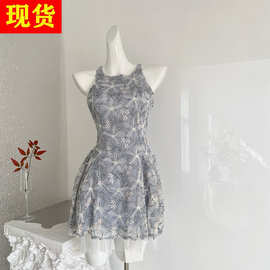 现货  Qia雾灰清矜 定染雾兰*盘带绣 甜美花朵蓬蓬公主风连衣裙女