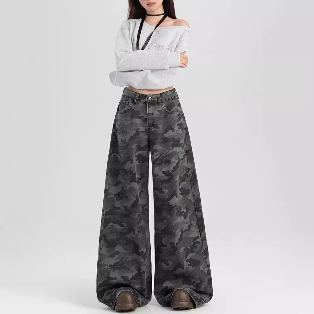 American High Street Workwear Wide-Leg Camouflage Jeans for Women 2026 Spring and Autumn Vintage High-Waisted Loose Slimming Straight Pants