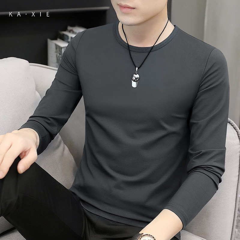 2026 Spring Modal Cotton White Long Sleeve T-Shirt for Men, Autumn and Winter Base Layer with Fleece Lining, Spring and Autumn Top