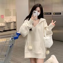 大码秋冬套装森系毛衣学院风韩系少女v领连帽针织衫百褶裙两件套