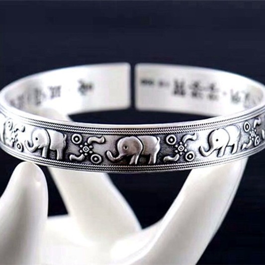 Retro plata tailandesa auspiciosa elefante hermoso significado abierto anillo de brazalete encantador brazalete de escritura Dorouni