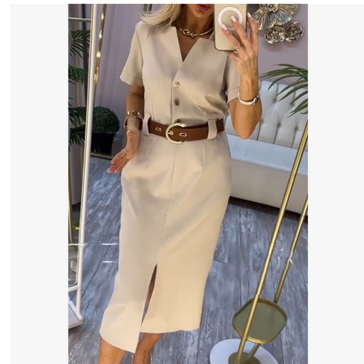 Summer Casual Fashion One-Step Dress 2026 New Ins Style Simple Straight V-Neck Mid-Length Dress European and American Style Summer Casual Fashion One-Step Dress 2026 New Ins Style Simple Straight V-Neck Mid-Length Dress European and American Style