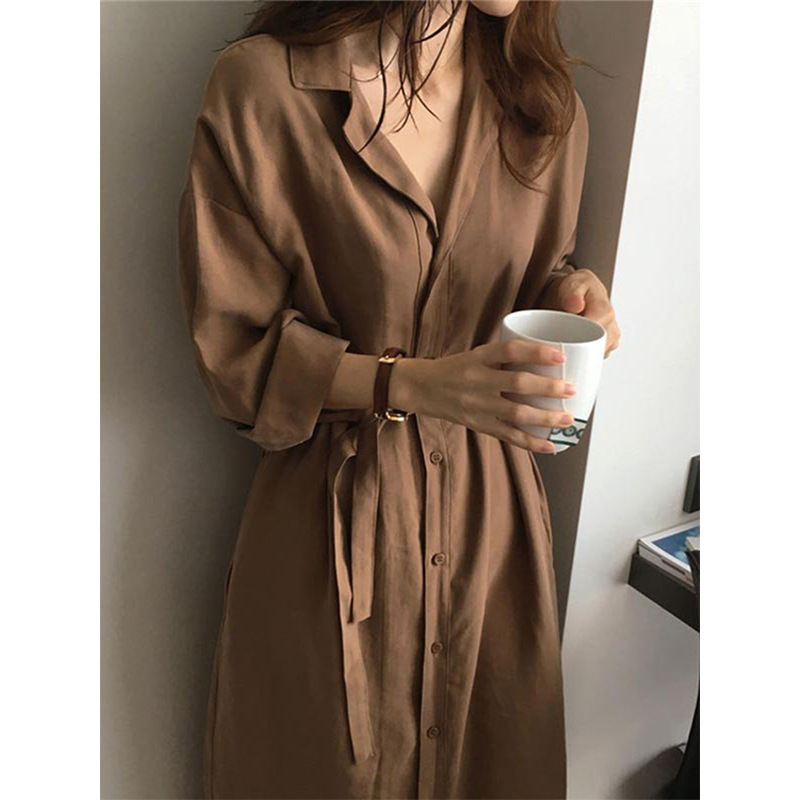 Wholesale spring new South Korea retro student super long dress Super fairy French plus size tight waist suit collar dress women