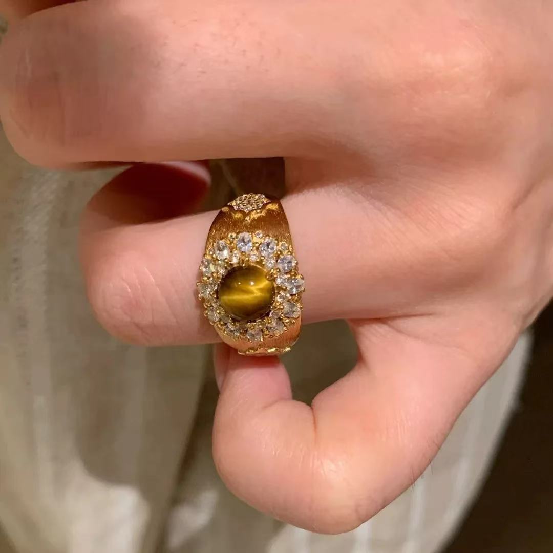 Vintage Brushed Natural Tiger Eye Stone Designer Ring For Women_voghion.com