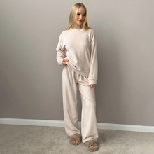 跨境圆领长袖长裤睡衣套装欧美2025秋冬新款法兰绒睡衣女士家居服