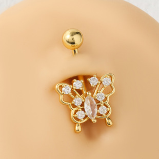Ebay New Navel Nail Stainless Steel Inlaid Zircon Butterfly Navel Button Navel Ring Female European and American Body Piercing Navel Jewelry