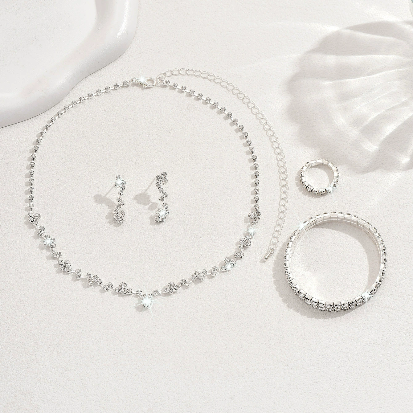 Sophisticated necklace and earrings, bracelet, set, chain for key bag , dress, accessory, simple and elegant design, 3 piece set, diamond encrusted