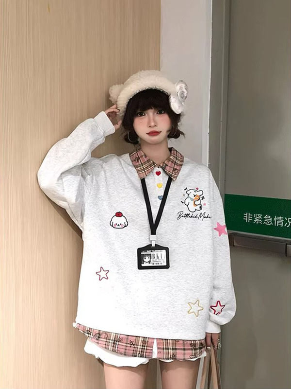 小狗刺绣复古港风拼接假两件情侣卫衣百搭宽松短袖POLO叠穿上衣潮|undefined