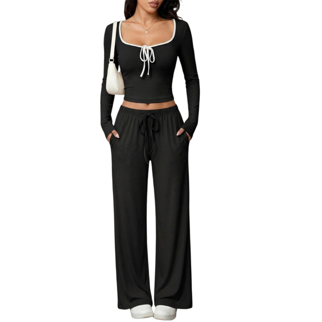 Damen 2-teiler Set Geripptes Oberteil Mit High-waist Hose Outfit_voghion.com