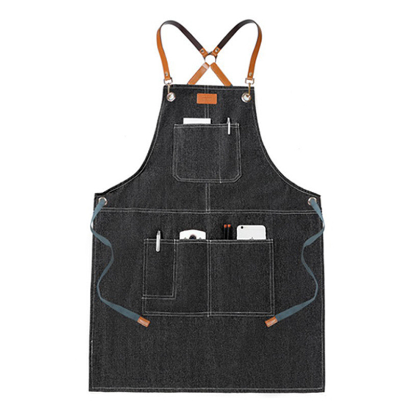 Comercio exterior Denim delantal moda coreana logotipo personalizado restaurante leche té cafetería delantal de trabajo al por mayor personalizado