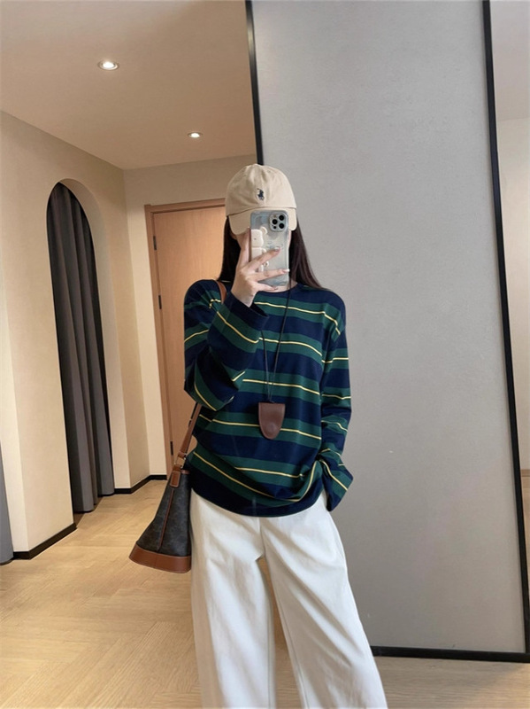 WTHEONE时髦纸片人棉质亲肤宽松百搭撞色条纹圆领长袖T恤女2025秋|undefined