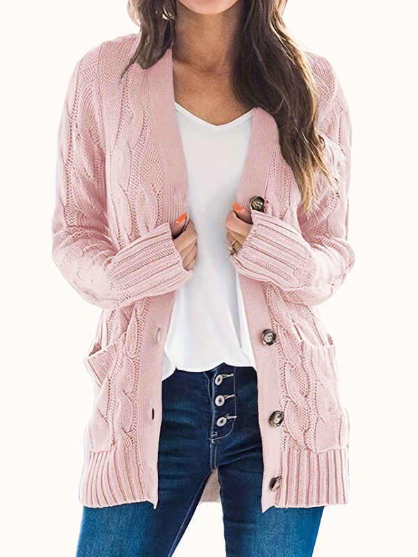 2025 New Cross-Border Style European and American Plus-Size Light Gray Cable Knit Long-Sleeve Women's Cardigan Cross-Border Dropshipping